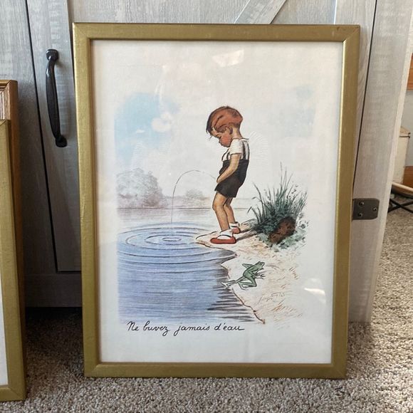 Vintage Pair of Georges Repon Framed Art Lithographs Naughty Children - Picture 2 of 16